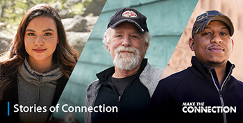A group of Veterans looking ahead and smiling. Text: Stories of Connection 